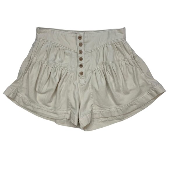 Free People We The Free Fleur Denim Shorts L Bright Lights Cream Pleated Hi Rise - Picture 1 of 12